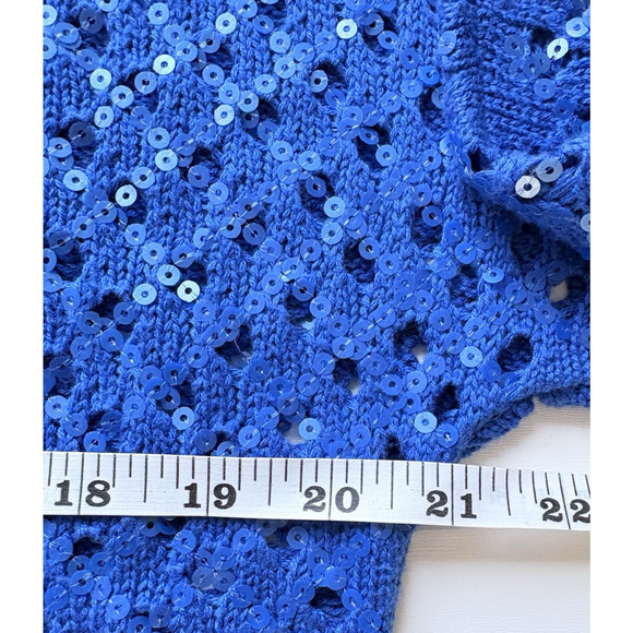 Chicos Size 1 | M /8 Sasha Sequin Pullover Sweater Royal Blue Open Knit Sparkly - Picture 9 of 11